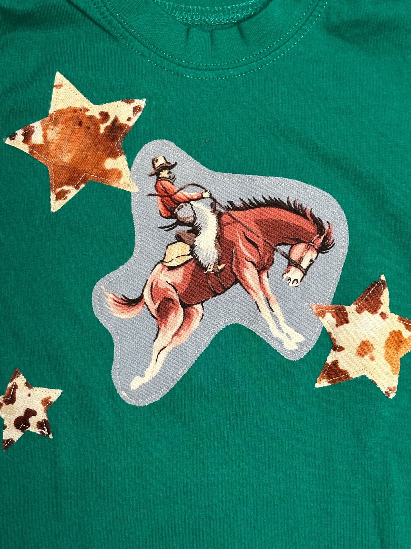 Vintage Bronc with Cowhide Print Stars on Green Tee, Size 5T