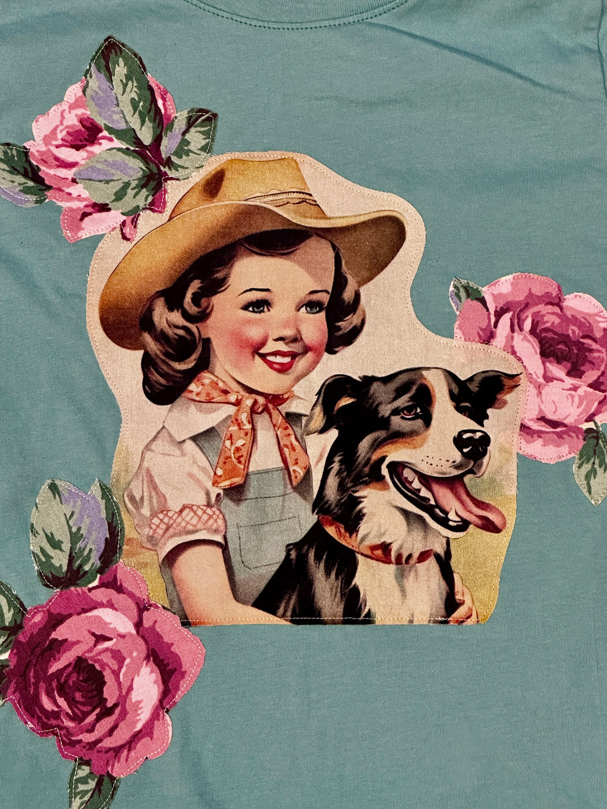 Vintage Cowgirl & Dog with Roses on Turquoise Tee, Size 5/6T