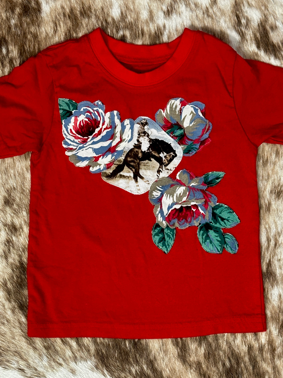 Bronc Rider & Roses on Red Tee, Size 2T
