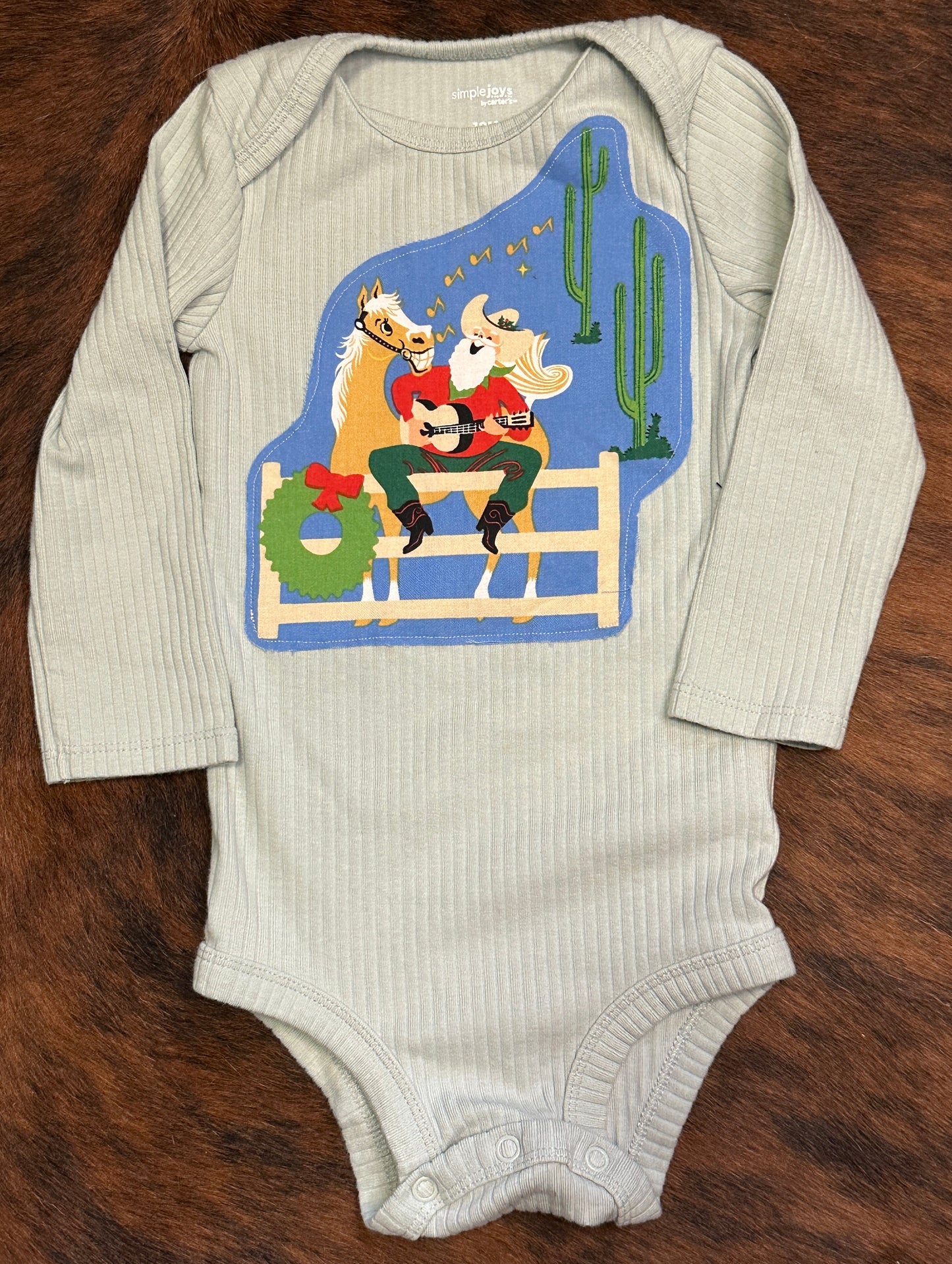 Singing Santa on Light Blue Ribbed Long Sleeve Onesie, Size 18 mons.