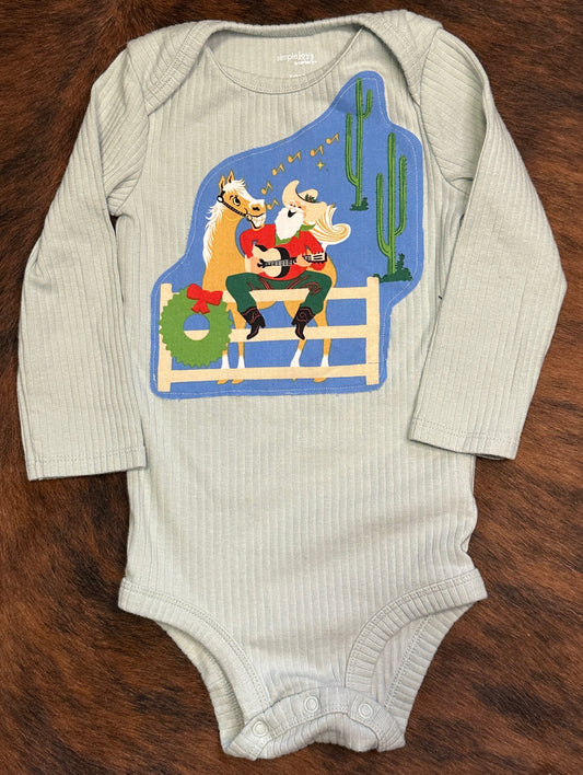 Singing Santa on Light Blue Ribbed Long Sleeve Onesie, Size 18 mons.