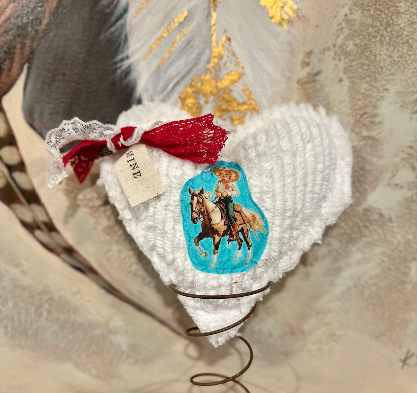 WHITE Chenille Plushie Cowgirl Heart #1