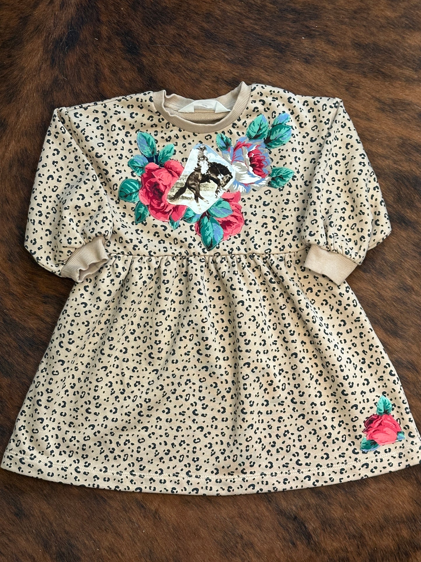 Bronc & Roses on Leopard Sweatshirt Dress, Size 2T