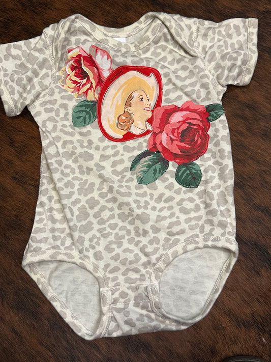 Cowgirl Ginnie & Roses on Light Leopard Onesie, Size 18 mons.