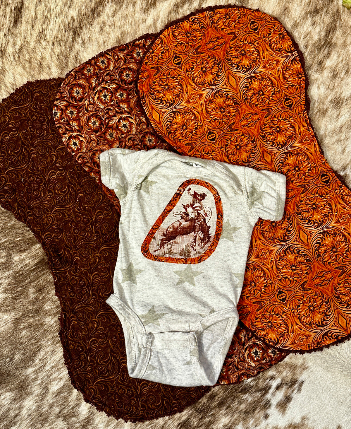 Tooled Leather Burp Cloth Set & Matching Bronc Onesie, Size Newborn