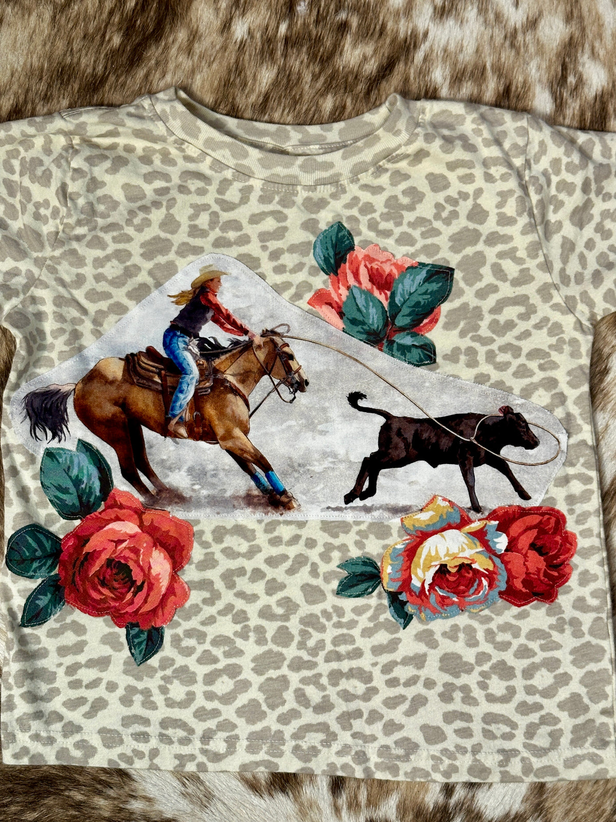 Breakaway Cowgirl & Roses on Light Leopard Tee, Size 4T