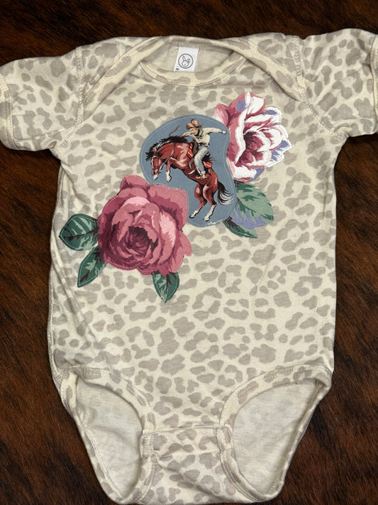 Bronc Rider & Roses on Light Leopard Onesie, Size 12 mons.
