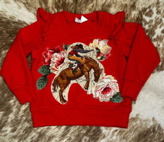 Cowgirl Bronc Rider & Roses- Shoulder Ruffle in Coral Red Sweatshirt, Size 18-24 mons.