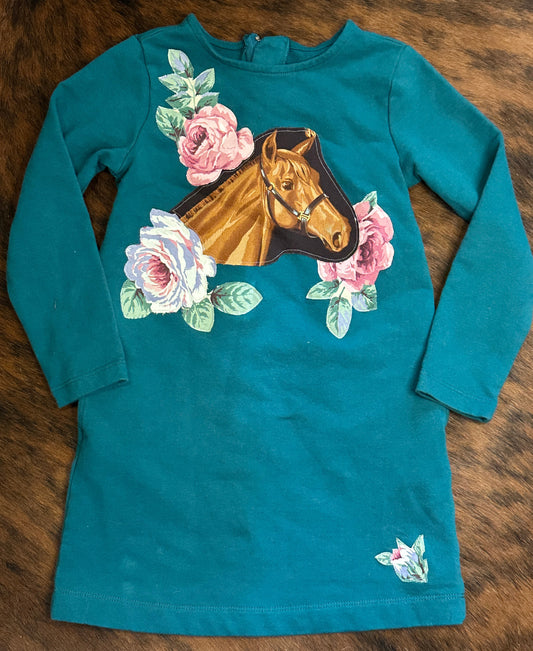 Horse Portrait & Pastel Roses on Spruce Sweatshirt Dress, Size 4-5T