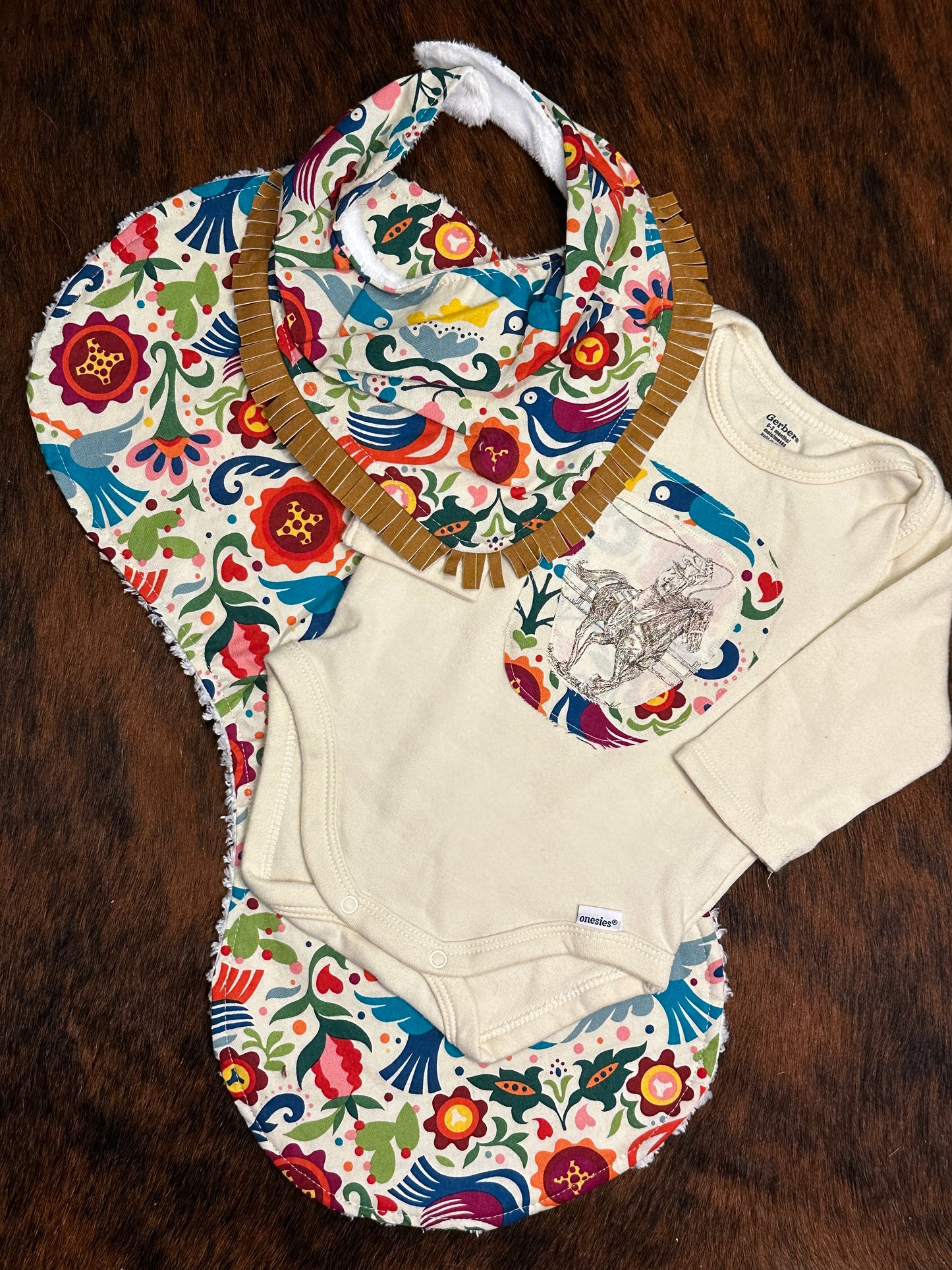 Spanish Floral Bib, Burp Cloth & Onesie Set, Size 3-6 mons.