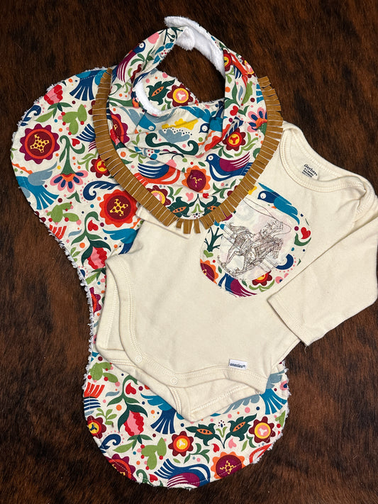 Spanish Floral Bib, Burp Cloth & Onesie Set, Size 3-6 mons.