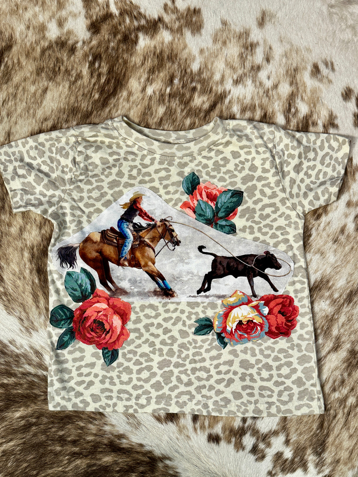 Breakaway Cowgirl & Roses on Light Leopard Tee, Size 4T
