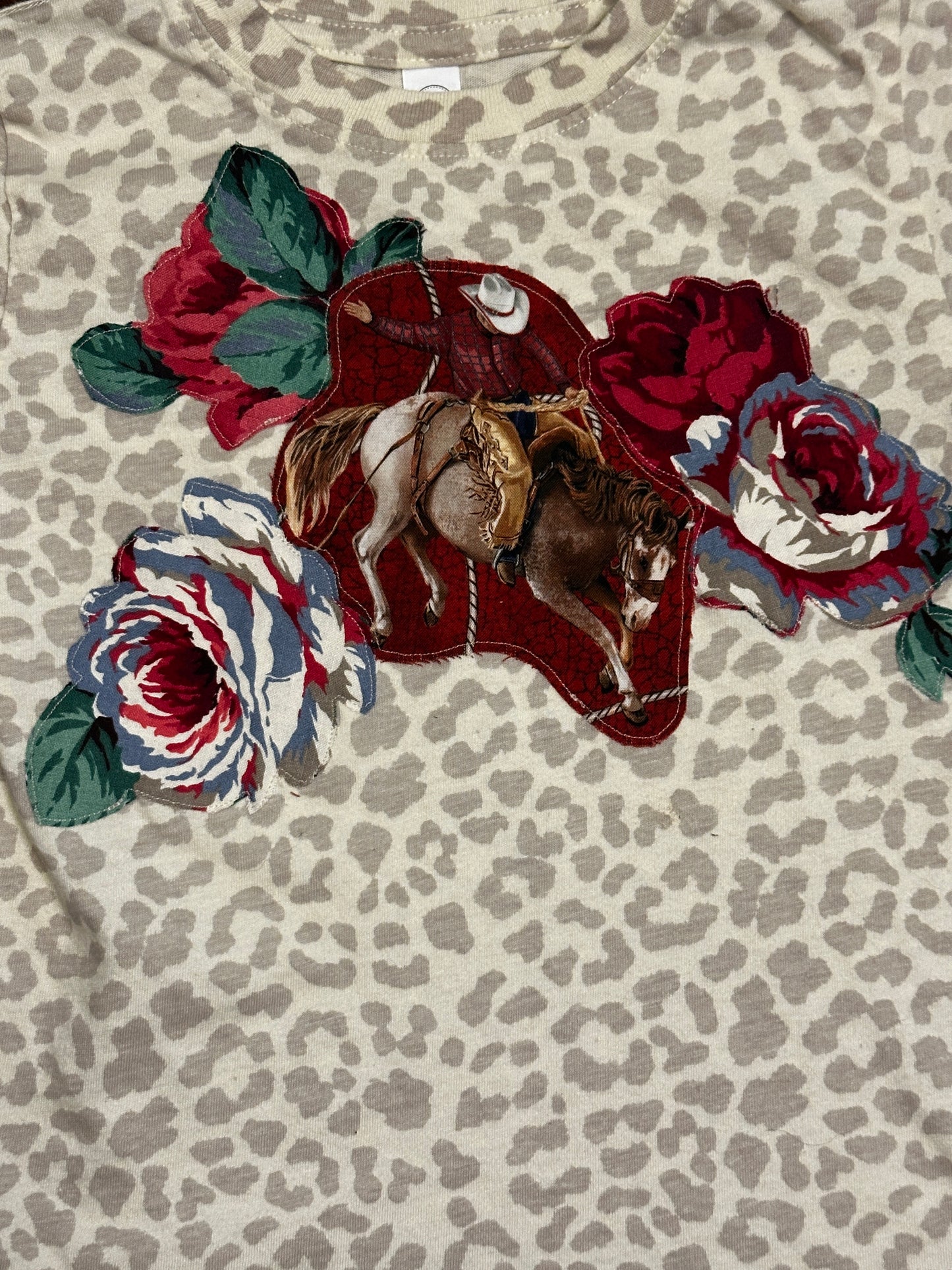 Saddle Bronc Rider & Red, White & Blue Roses on Light Leopard Tee, Size 3T