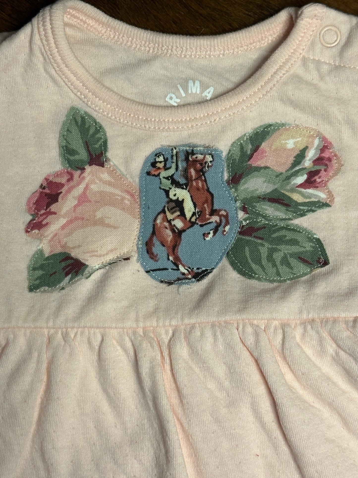 Ballerina Pink Pointelle Dress with Rearing Horse & Rose Buds, Size 0-3 mons.