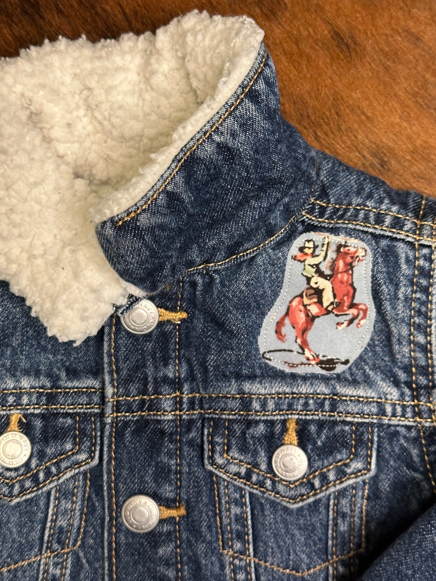 Classic Bronc Rider on Denim Sherpa Lined Jacket, Size 6-12 mons.