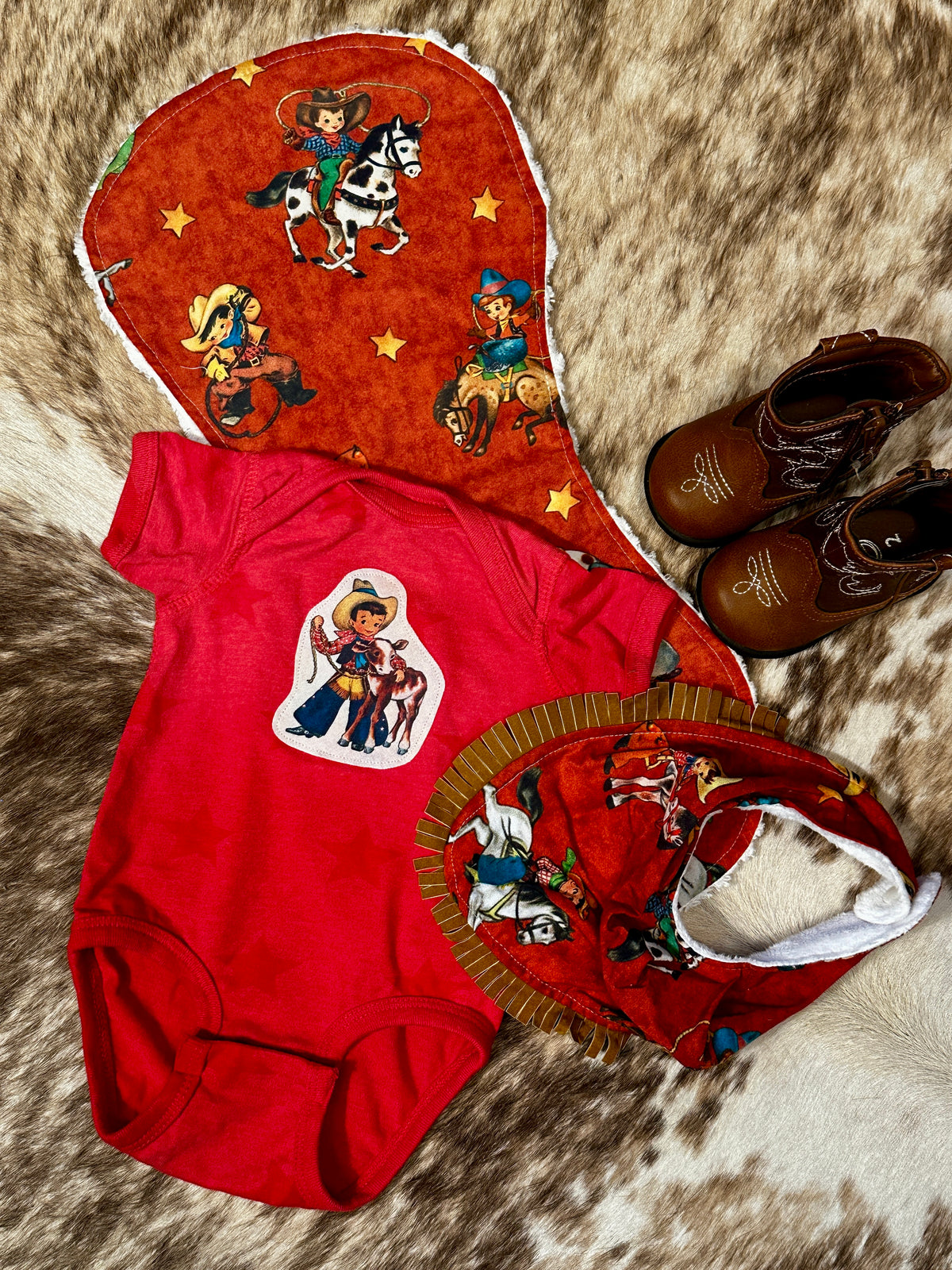 Red Vintage Cowboys Bib, Burp Cloth & Onesie Set, Size 6 mons.