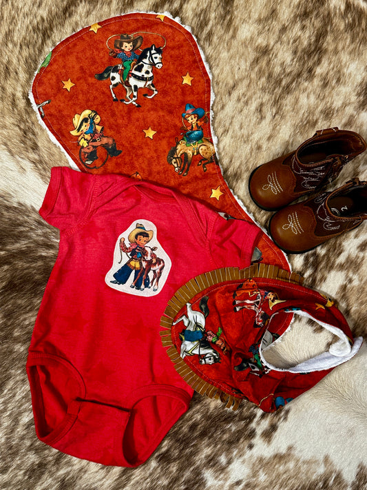 Red Vintage Cowboys Bib, Burp Cloth & Onesie Set, Size 6 mons.
