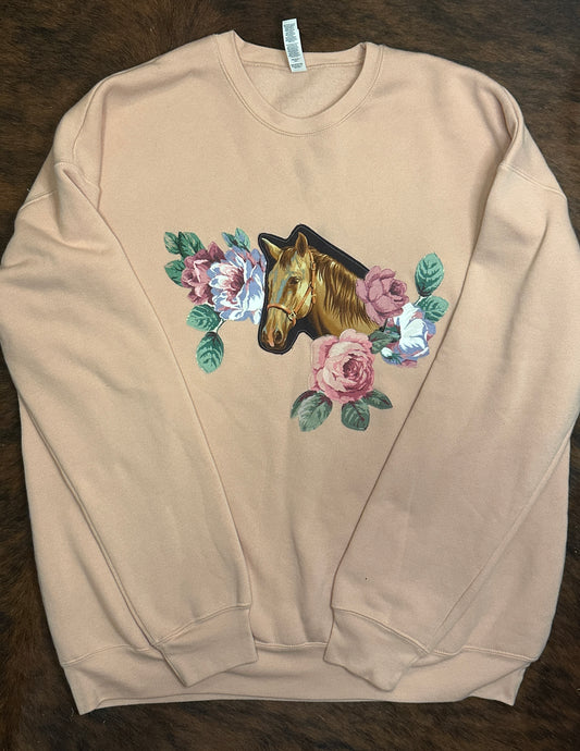 Peach Sweatshirt with Horse Portrait & Pastel Roses, ADULT Unisex Size Large (Fits like Women’s XL)