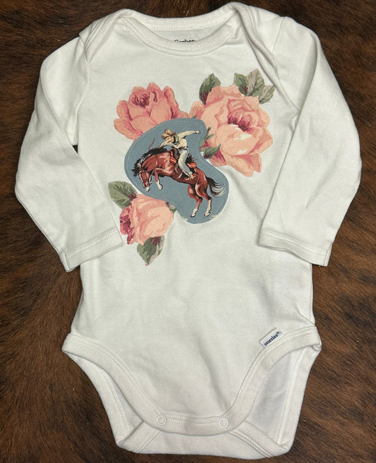 Range Rider & Roses on Long Sleeve Onesie, Size 0-3 mons.