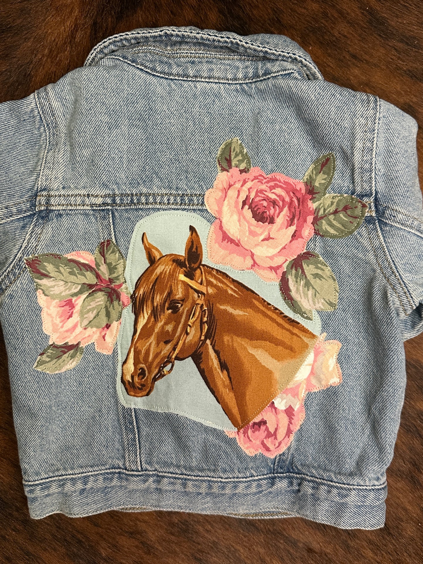 Denim Jacket with Horse Portrait and Pastel Roses, Size 18-24 mons.