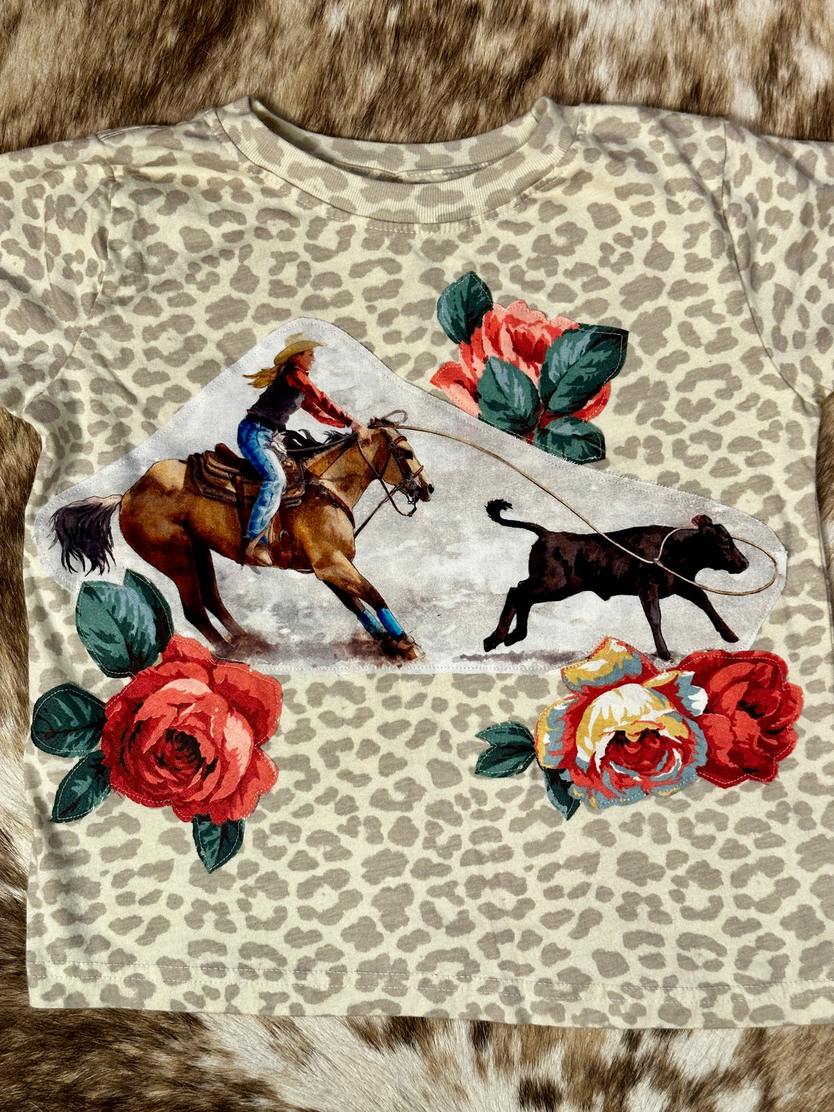 Breakaway Cowgirl & Roses on Light Leopard Tee, Size 4T