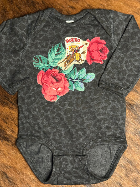 Vintage Rodeo Poster & Roses on Long Sleeve Black Leopard Onesie, Size 12 mons.