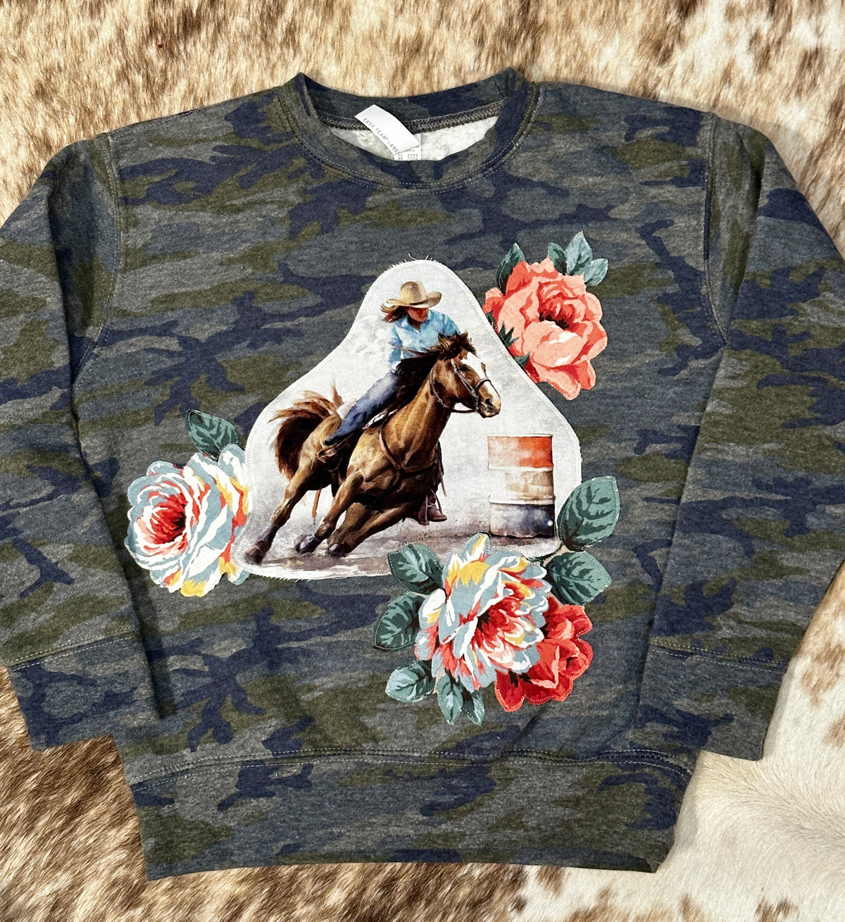 Barrel Racer & Roses on Camo Sweatshirt, Size 5/6T