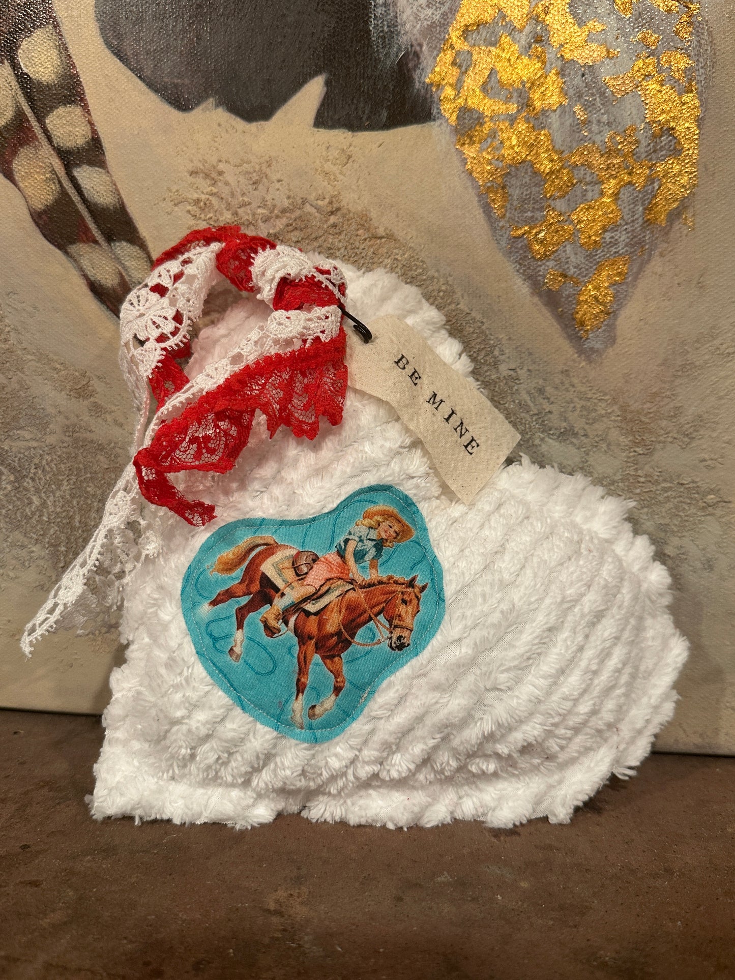 WHITE Chenille Plushie Cowgirl Heart #2