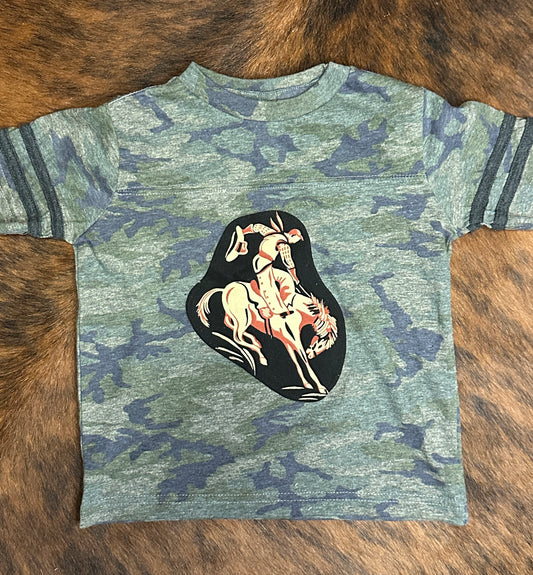 Vintage Bronc on Camo Football Tee, Size 2T