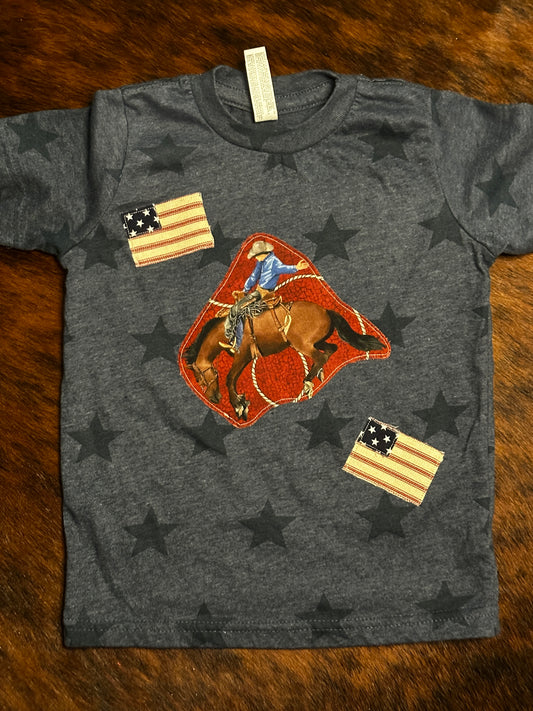Saddle Bronc Rider & American Flags on Navy Star Tee, Size 3T