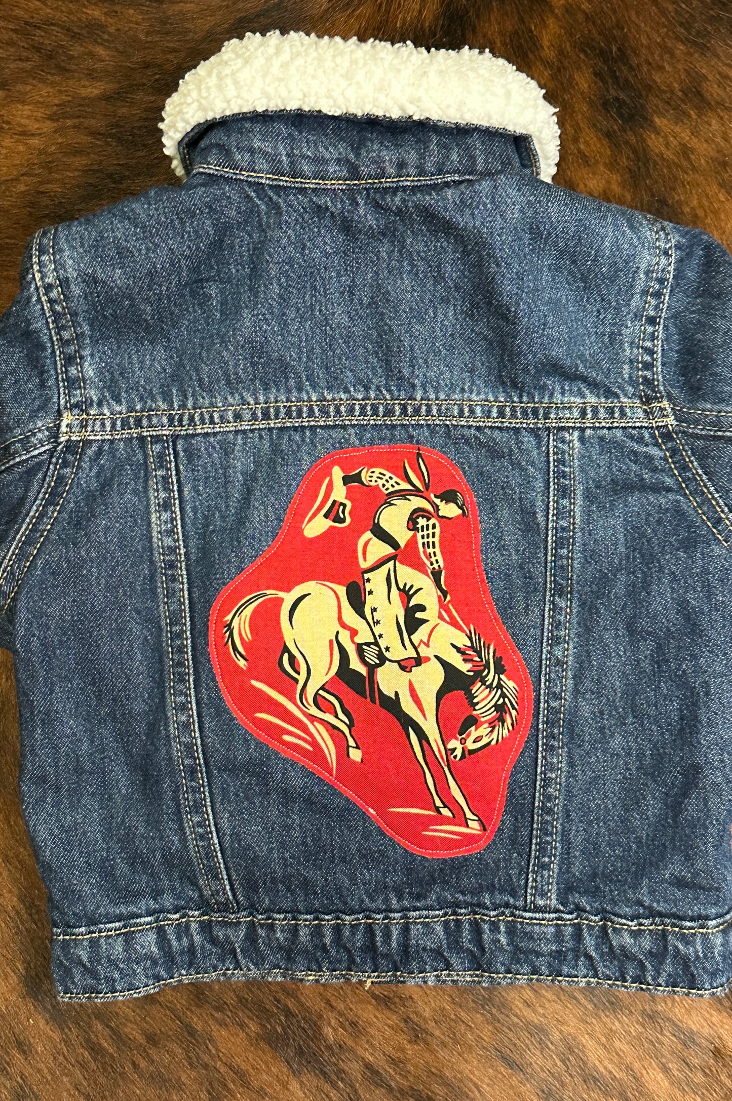 Red Vintage Bronc on Denim Sherpa Lined Jacket, Size 18-24 mons.