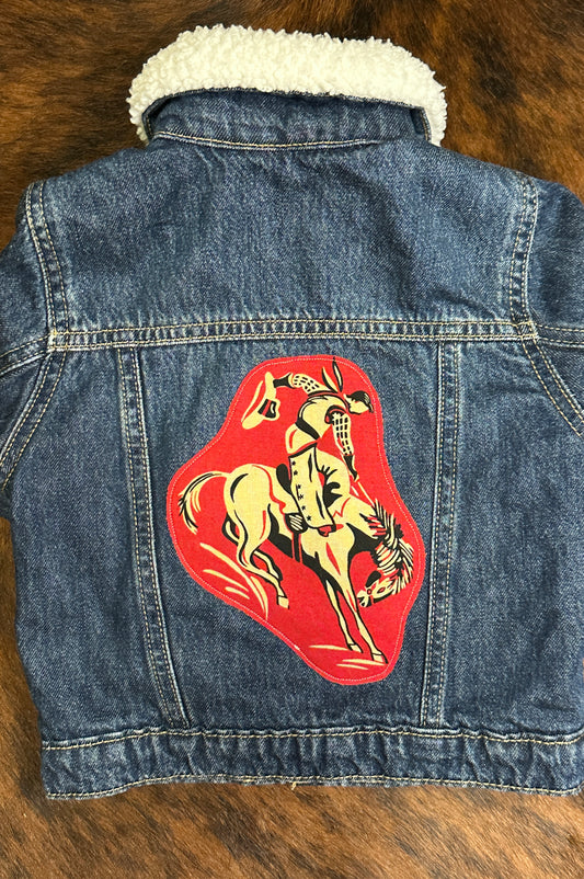 Red Vintage Bronc on Denim Sherpa Lined Jacket, Size 18-24 mons.