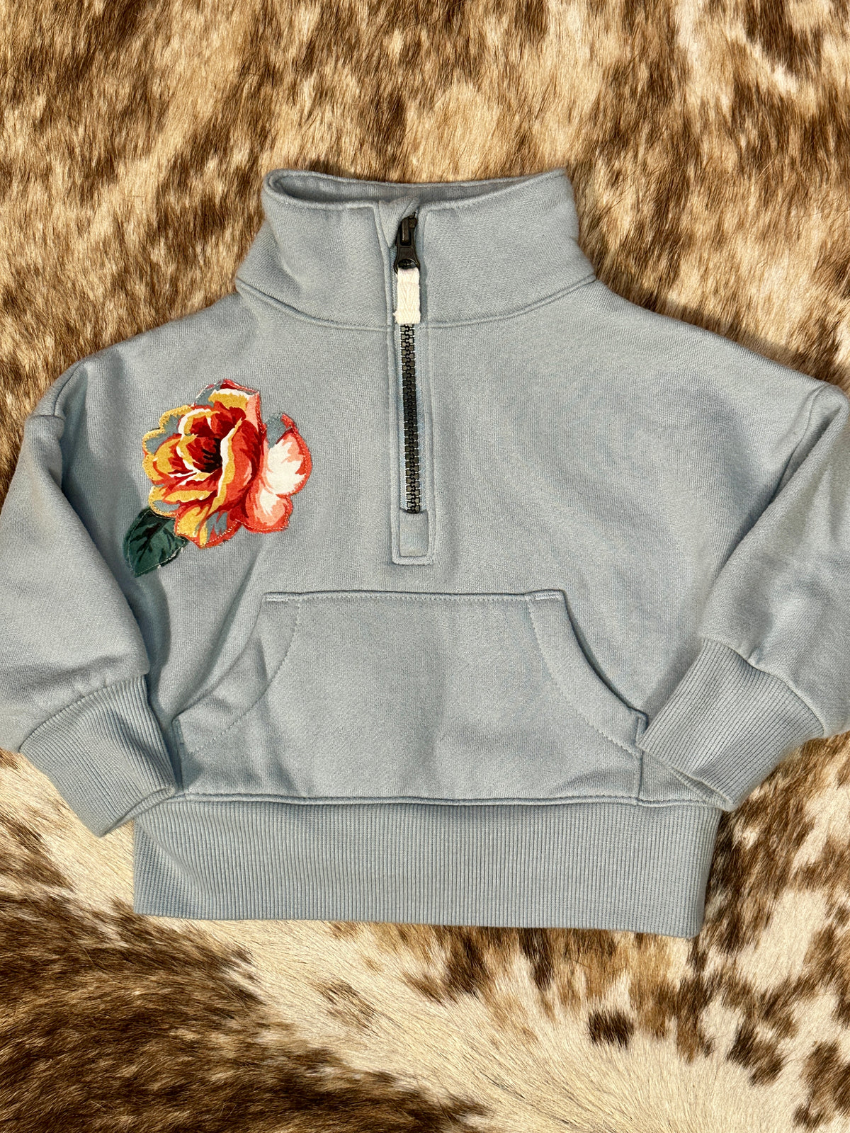Bronc & Roses on Light Blue Quarter Zip Sweatshirt, Size 12 mons.