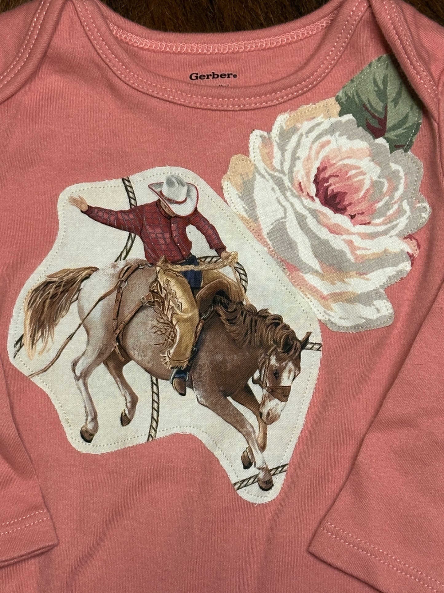 Bronc & Rose Onesie on Perfect Pink Long Sleeve, Size 3-6 mons.