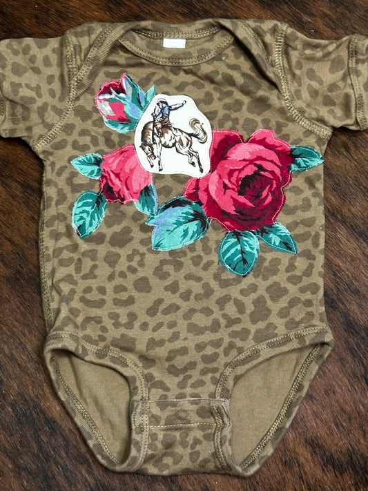 Bronc Rider & Roses on Brown Leopard Onesie, Size 6 mons.