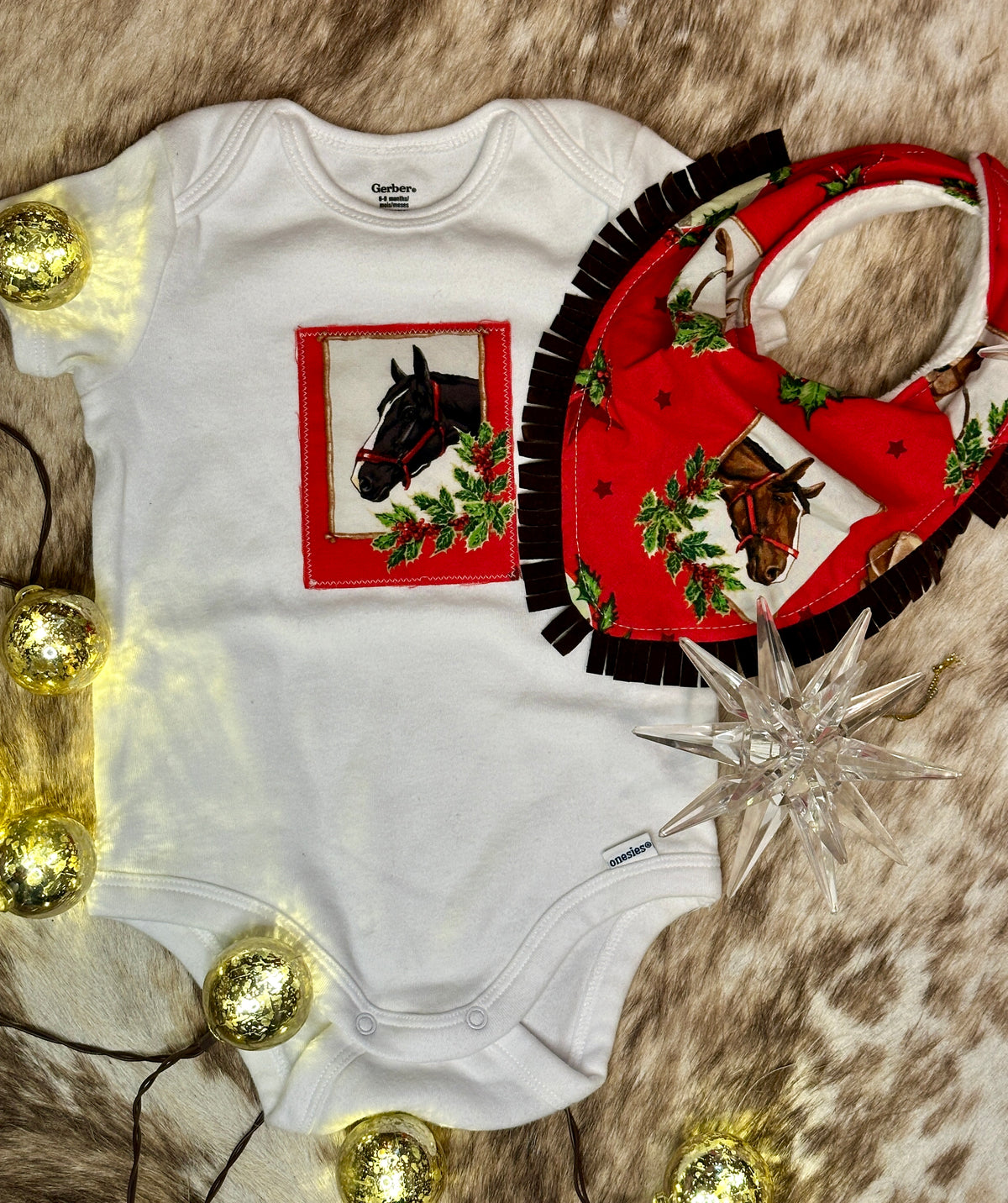 Christmas Horses Onesie and Bib Set, Size 6-9 mons.