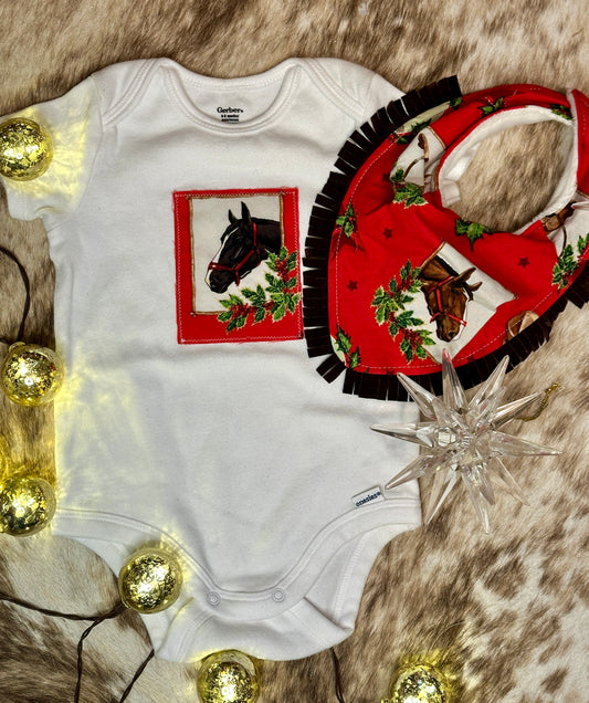 Christmas Horses Onesie and Bib Set, Size 6-9 mons.