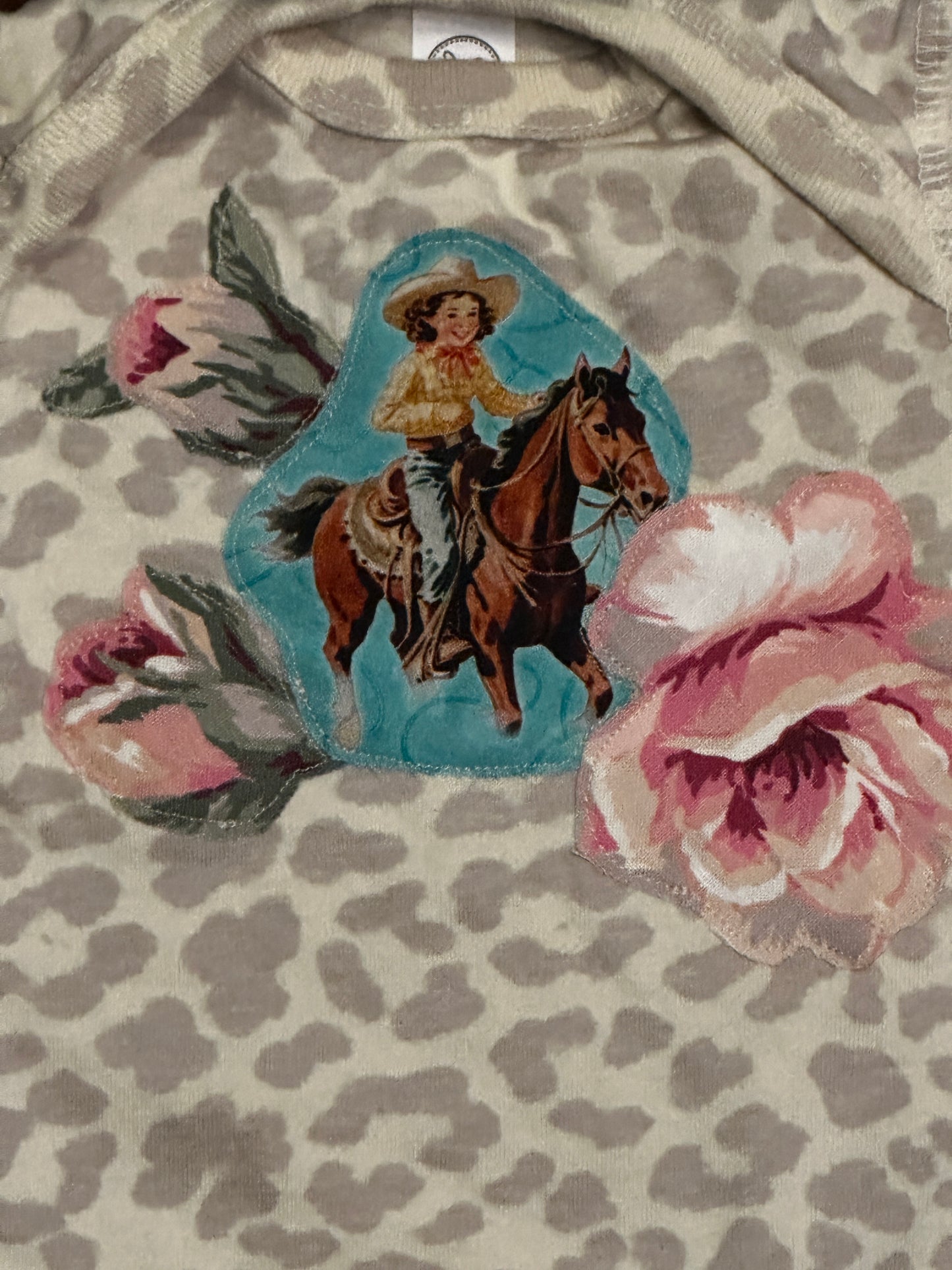 Turquoise Cowgirl & Roses on Light Leopard Onesie, Size Newborn