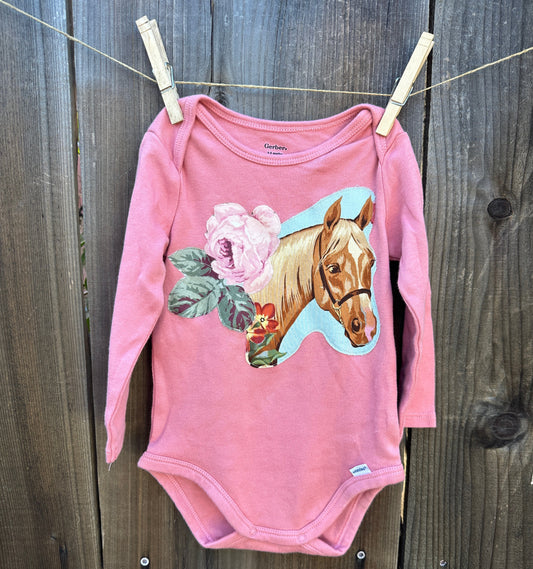 Horse Head & Pink Pastel Rose on Perfect Pink Onesie, Size 6-9 mons.