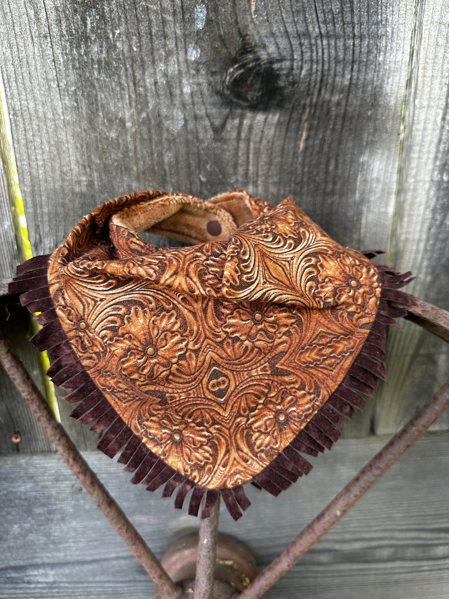 Dark Brown Tooled Leather Cotton Print Buckaroo Baby Bib