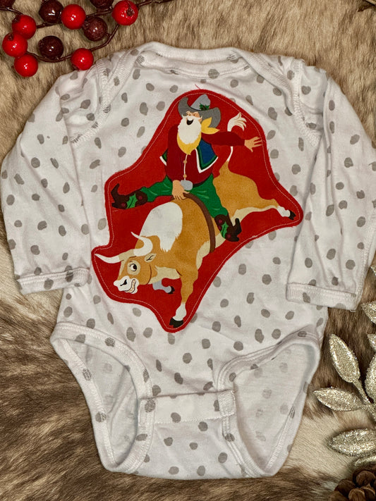 Bull Riding Santa White Spotted Long Sleeve Onesie, Size 6 mons.