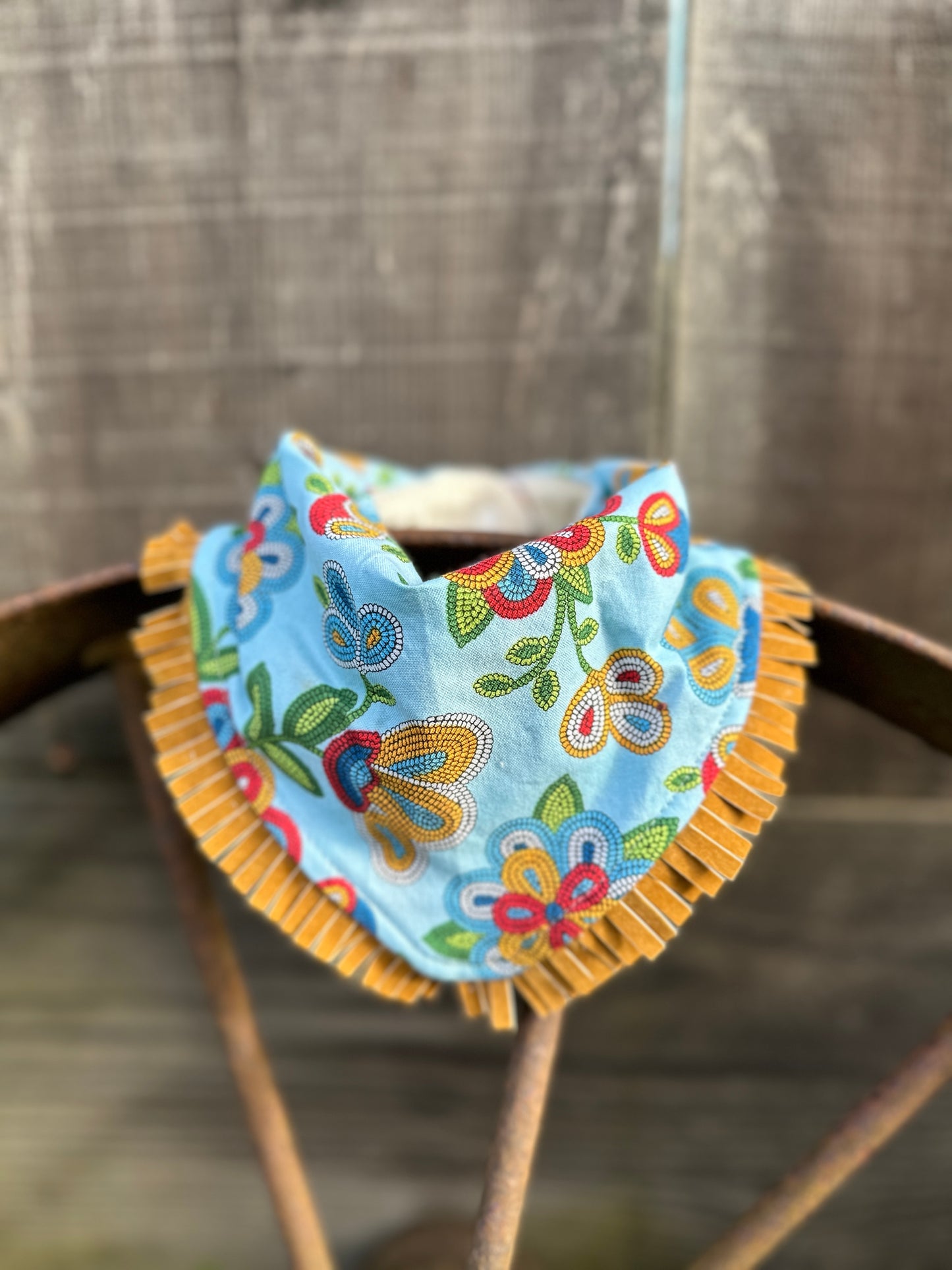 Blue Beaded Look Spanish Floral Print Buckaroo Baby Bib