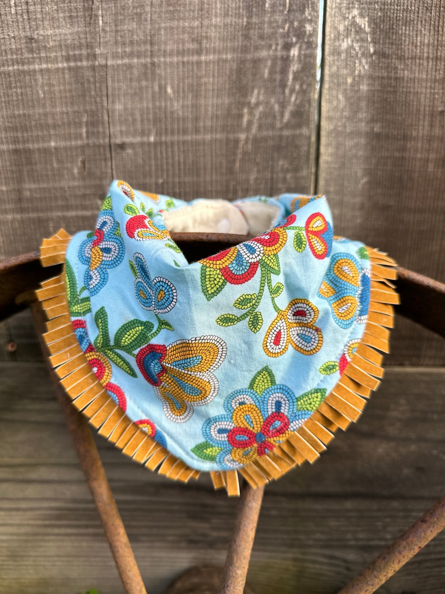 Blue Beaded Look Spanish Floral Print Buckaroo Baby Bib