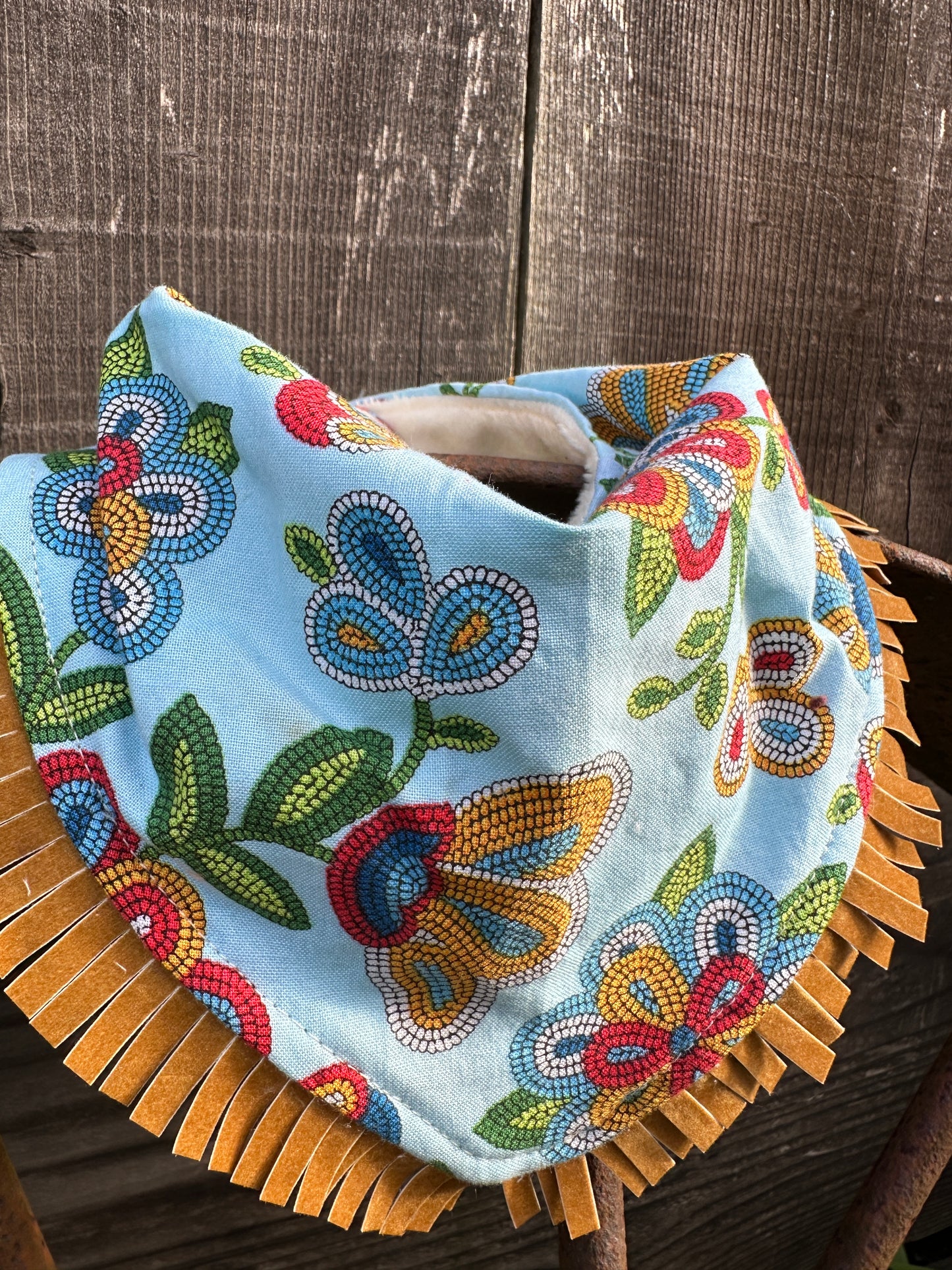 Blue Beaded Look Spanish Floral Print Buckaroo Baby Bib