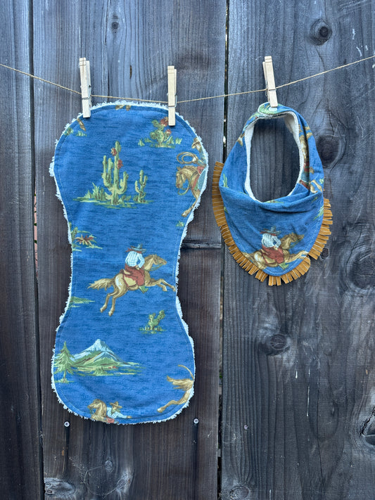 Blue Old West Cowboy Bib & Burp Cloth Set