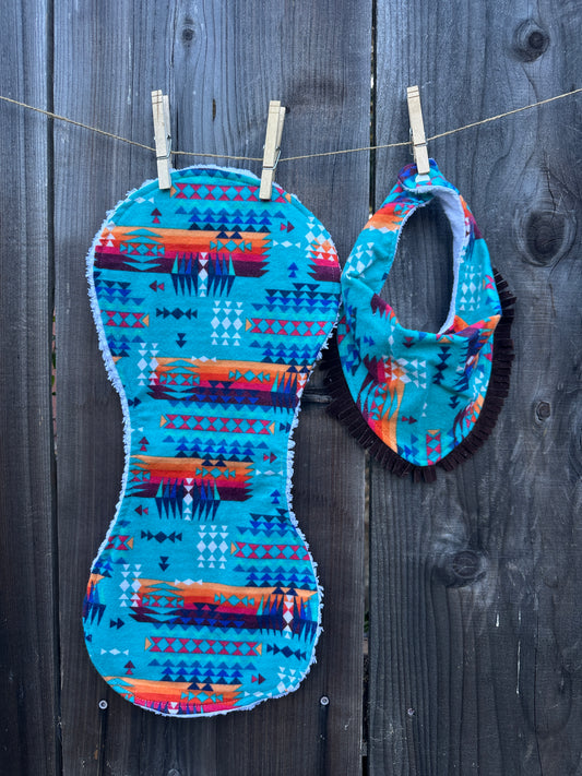 Turquoise Flannel Aztec Bib & Burp Cloth Set