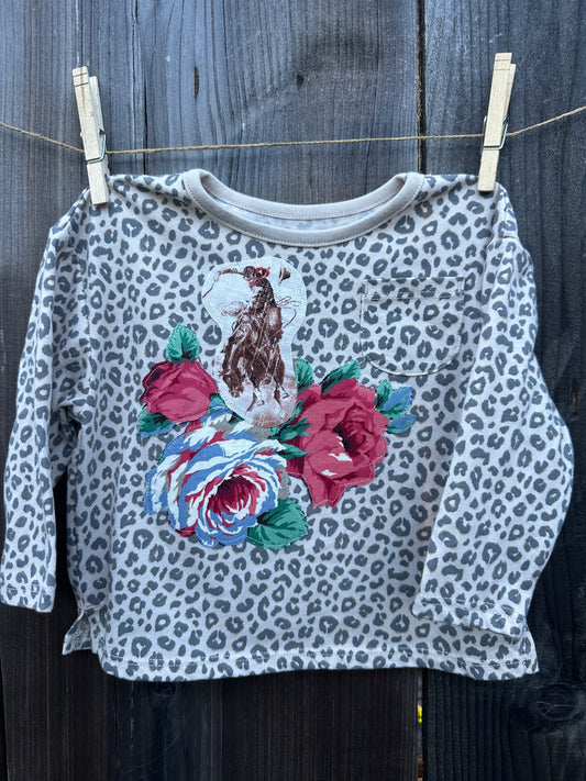 Bronc & Roses Long Sleeve Leopard Tee, Size 18 mons.