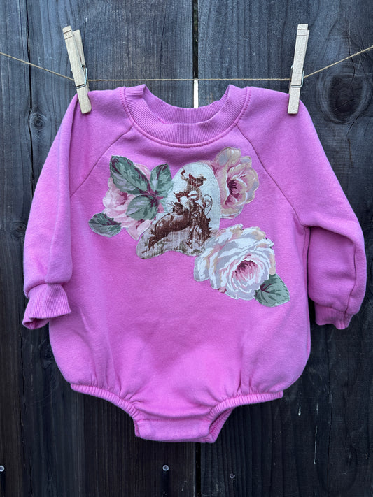 Pink Bronc & Roses Sweatshirt Onesie, Size 6-12 mons.