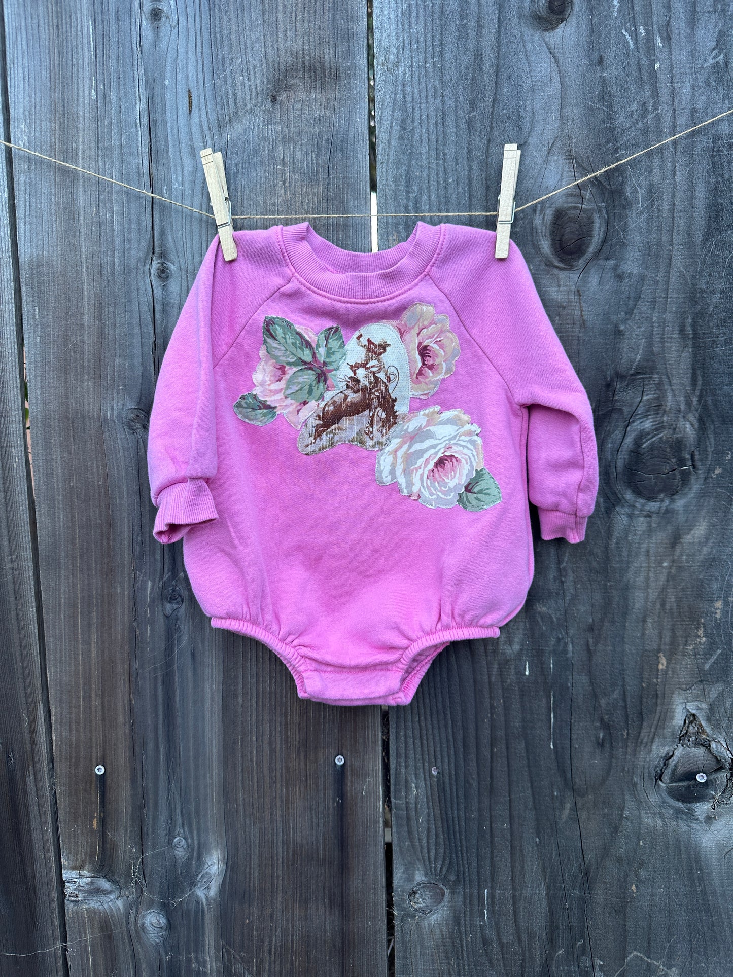 Pink Bronc & Roses Sweatshirt Onesie, Size 6-12 mons.
