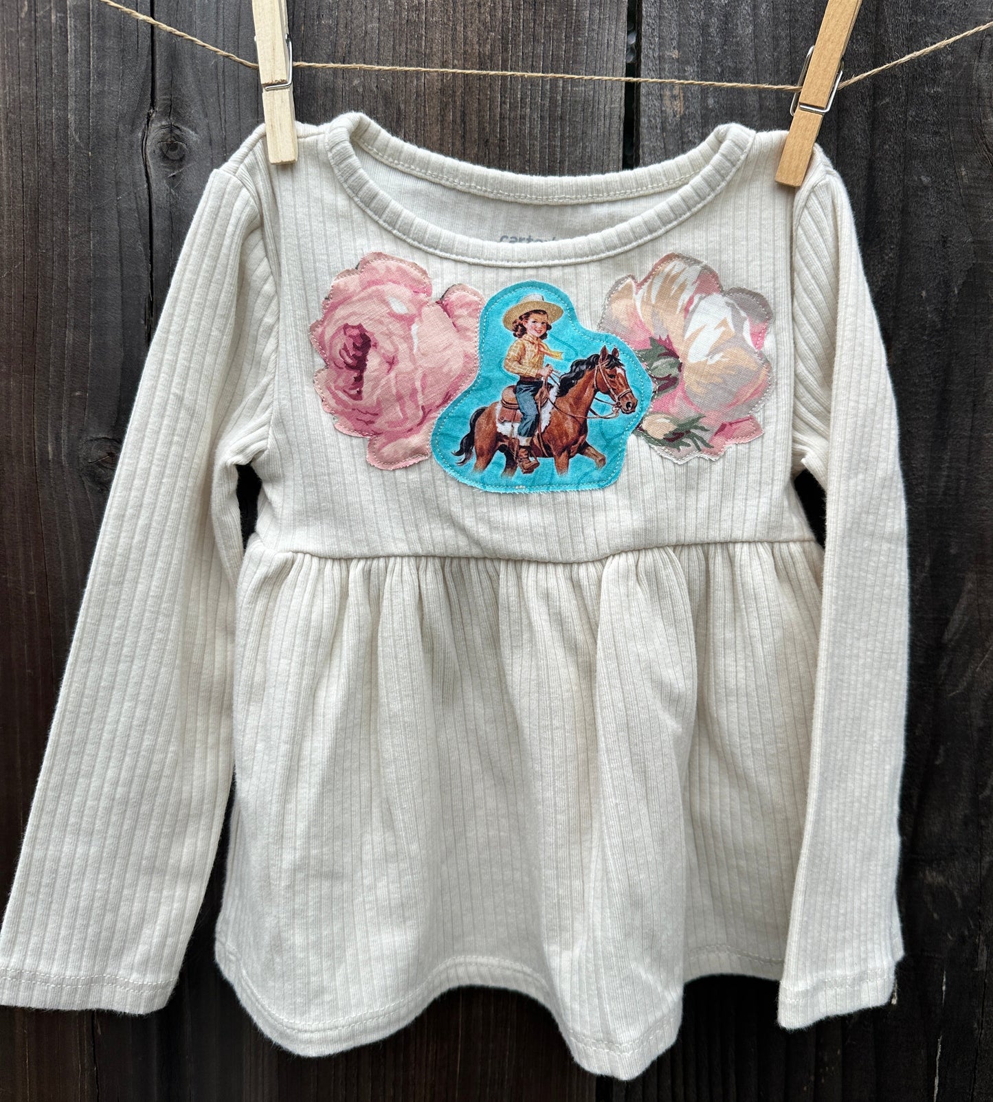 Turquoise Cowgirl with Pastel Roses on White Peplum, Size 24 mons.